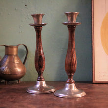 Load image into Gallery viewer, Pair Vintage Wood &amp; Pewter Candlesticks - 27 cm / 10.6"
