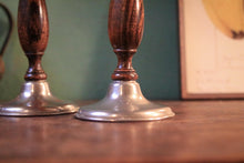 Load image into Gallery viewer, Pair Vintage Wood &amp; Pewter Candlesticks - 27 cm / 10.6"
