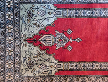 Load image into Gallery viewer, 2'5" x 4'8" - Vintage Turkish Hand Knotted Prayer Rug - Crimson Red &amp; Dove Grey Blue - 74 x 143 cm
