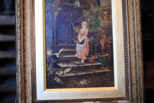 Load image into Gallery viewer, Antique Framed Oil Painting On Board - Courtyard Lady &amp; Doves Scene - Ornate Gilt Wood Frame - 31 x 39 cm
