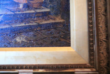 Load image into Gallery viewer, Antique Framed Oil Painting On Board - Courtyard Lady &amp; Doves Scene - Ornate Gilt Wood Frame - 31 x 39 cm
