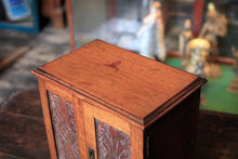 Load image into Gallery viewer, Antique 1910s Carved Oak Smoker’s Cabinet - Tabletop Tobacciana Box With Drawers &amp; Fitted Pipe Rack - 25 x 28 x 18 cm
