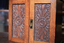 Load image into Gallery viewer, Antique 1910s Carved Oak Smoker’s Cabinet - Tabletop Tobacciana Box With Drawers &amp; Fitted Pipe Rack - 25 x 28 x 18 cm
