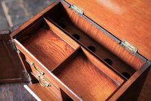 Load image into Gallery viewer, Antique 1910s Carved Oak Smoker’s Cabinet - Tabletop Tobacciana Box With Drawers &amp; Fitted Pipe Rack - 25 x 28 x 18 cm
