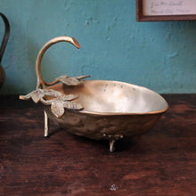Load image into Gallery viewer, Vintage Art Nouveau Brass-Tone Swan Handle Nut Bowl - Leaf &amp; Vine Tripod Dish
