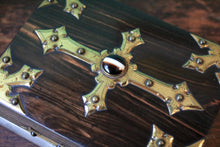 Load image into Gallery viewer, Antique Coromandel Gothic Revival Jewellery Box - Brass Mounted Casket With Dark Cabochon - 23 X 18 X 7 Cm
