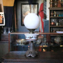 Load image into Gallery viewer, Vintage Duplex Oil Lamp - Opaline Milk Glass Globe Shade - Floral Ceramic Font - 59cm Tall

