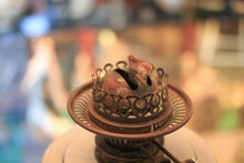 Load image into Gallery viewer, Vintage Duplex Oil Lamp - Opaline Milk Glass Globe Shade - Floral Ceramic Font - 59cm Tall
