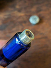 Load image into Gallery viewer, Antique Victorian Cobalt Blue Cut Glass Scent Bottle - Ornate Hinged Silver Cap - 9 cm

