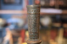 Load image into Gallery viewer, Antique Indian Brass Surahi Pair - Engraved Figural &amp; Floral - 27cm tall
