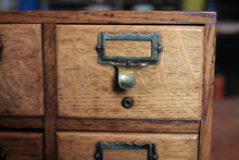 Load image into Gallery viewer, Vintage Oak Four Drawer Card Index Cabinet - Desktop Filing Drawers - Brass Label Pulls - Library Apothecary Style - 41 x 23 x 33 Cm
