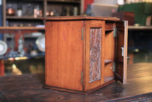 Load image into Gallery viewer, Antique 1910s Carved Oak Smoker’s Cabinet - Tabletop Tobacciana Box With Drawers &amp; Fitted Pipe Rack - 25 x 28 x 18 cm
