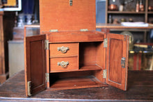 Load image into Gallery viewer, Antique 1910s Carved Oak Smoker’s Cabinet - Tabletop Tobacciana Box With Drawers &amp; Fitted Pipe Rack - 25 x 28 x 18 cm
