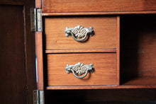Load image into Gallery viewer, Antique 1910s Carved Oak Smoker’s Cabinet - Tabletop Tobacciana Box With Drawers &amp; Fitted Pipe Rack - 25 x 28 x 18 cm
