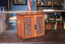 Load image into Gallery viewer, Antique 1910s Carved Oak Smoker’s Cabinet - Tabletop Tobacciana Box With Drawers &amp; Fitted Pipe Rack - 25 x 28 x 18 cm
