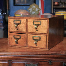 Load image into Gallery viewer, Vintage Oak Four Drawer Card Index Cabinet - Desktop Filing Drawers - Brass Label Pulls - Library Apothecary Style - 41 x 23 x 33 Cm
