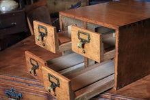 Load image into Gallery viewer, Vintage Oak Four Drawer Card Index Cabinet - Desktop Filing Drawers - Brass Label Pulls - Library Apothecary Style - 41 x 23 x 33 Cm
