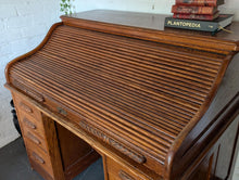 Load image into Gallery viewer, Antique Oak Roll Top Desk - Tambour Writing Desk With Pigeon Holes And Drawers
