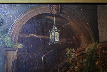 Load image into Gallery viewer, Antique Framed Oil Painting On Board - Courtyard Lady &amp; Doves Scene - Ornate Gilt Wood Frame - 31 x 39 cm
