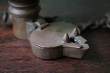Load image into Gallery viewer, Antique Indian Bronze Diya Oil Lamp With Chain &amp; Bird Finial - Hanging Temple Lamp - 21cm Tall
