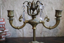 Load image into Gallery viewer, Pair Vintage Brass Candelabra Candlesticks – Ornate 3 Arm Candle Holders With Crystal Drops – 20 cm x 23 cm / 7.9” x 9”
