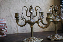 Load image into Gallery viewer, Pair Vintage Brass Candelabra Candlesticks – Ornate 3 Arm Candle Holders With Crystal Drops – 20 cm x 23 cm / 7.9” x 9”
