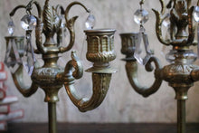 Load image into Gallery viewer, Pair Vintage Brass Candelabra Candlesticks – Ornate 3 Arm Candle Holders With Crystal Drops – 20 cm x 23 cm / 7.9” x 9”
