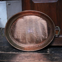 Load image into Gallery viewer, Large Antique Copper Serving Tray – Oval With Brass Handles – 60 x 40 cm Rustic Kitchen Decor
