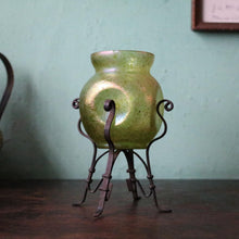 Load image into Gallery viewer, Loetz Iridescent Art Glass Vase – Green Bohemian Glass With Wrought Iron Stand – 15 cm Tall
