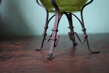 Load image into Gallery viewer, Loetz Iridescent Art Glass Vase – Green Bohemian Glass With Wrought Iron Stand – 15 cm Tall
