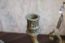 Load image into Gallery viewer, Pair Vintage Brass Candelabra Candlesticks – Ornate 3 Arm Candle Holders With Crystal Drops – 20 cm x 23 cm / 7.9” x 9”
