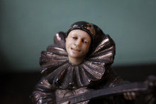 Load image into Gallery viewer, Antique German Pierrot Musician Figure Car Mascot – Bronze &amp; Bone – Harlequin Lute Player
