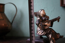 Load image into Gallery viewer, Antique German Pierrot Musician Figure Car Mascot – Bronze &amp; Bone – Harlequin Lute Player
