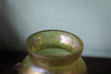 Load image into Gallery viewer, Loetz Iridescent Art Glass Vase – Green Bohemian Glass With Wrought Iron Stand – 15 cm Tall
