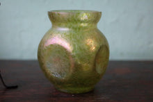 Load image into Gallery viewer, Loetz Iridescent Art Glass Vase – Green Bohemian Glass With Wrought Iron Stand – 15 cm Tall
