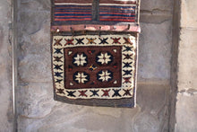 Load image into Gallery viewer, Vintage Afghan Baluch Saddle Bag – Handwoven Tribal Wool &amp; Leather Hanging – Early 20th Century – 124 x 47 cm / 48.8" x 18.5"
