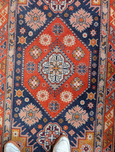 Load image into Gallery viewer, 1'5" x 5'7" - Vintage Hand-Knotted Tribal Runner Rug - Madder Red &amp; Indigo Geometric Wool Carpet - 170 x 44 cm
