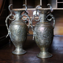 Load image into Gallery viewer, Pair Of Antique Indian Brass Snake Handle Vases - Anglo Indian Repoussé Metalware - 26 cm Tall
