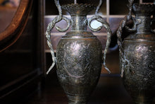 Load image into Gallery viewer, Pair Of Antique Indian Brass Snake Handle Vases - Anglo Indian Repoussé Metalware - 26 cm Tall
