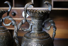 Load image into Gallery viewer, Pair Of Antique Indian Brass Snake Handle Vases - Anglo Indian Repoussé Metalware - 26 cm Tall
