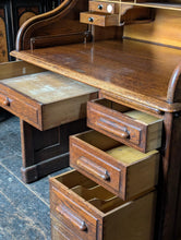 Load image into Gallery viewer, Antique Oak Roll Top Desk - Tambour Bureau With Original Key - Edwardian Office Desk - 124cm
