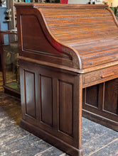 Load image into Gallery viewer, Antique Oak Roll Top Desk - Tambour Bureau With Original Key - Edwardian Office Desk - 124cm
