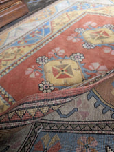 Load image into Gallery viewer, 6'0" x 5'0" - Vintage Turkish Hand-Knotted Wool Rug - Salmon Pink, Sky Blue &amp; Cream - 184 x 152 cm

