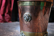 Load image into Gallery viewer, Antique Copper &amp; Brass Lion Mask Log Bin - Coal Scuttle - Lion Paw Feet - Fireside Bucket - 27cm
