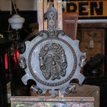 Load image into Gallery viewer, Antique Black Forest Carved Wall Plaque - Rotating Green Man Carving - Gothic Folk Art Oak Panel - 53 x 39 cm
