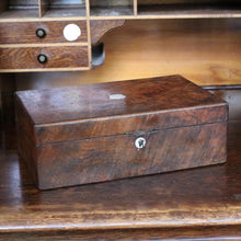 Load image into Gallery viewer, Antique Burr Walnut Writing Slope – Victorian Portable Desk With Key – 35 x 22 x 12 cm
