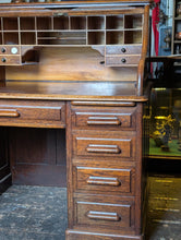 Load image into Gallery viewer, Antique Oak Roll Top Desk - Tambour Bureau With Original Key - Edwardian Office Desk - 124cm
