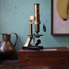 Load image into Gallery viewer, Antique Brass Field Microscope In Original Mahogany Case – Scientific Instrument With Provenance – 26cm Tall
