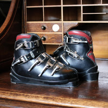 Load image into Gallery viewer, Vintage Caber Italian Leather Ski Boots - Retro Alpine Skiing Boots - Black &amp; Burgundy - 28cm Sole Length
