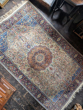 Load image into Gallery viewer, 7'8" x 4'8" - Vintage Pakistani Hand-Knotted Tree Of Life Wool Rug - Ivory &amp; Sapphire Blue Floral Design - 234 x 141 cm
